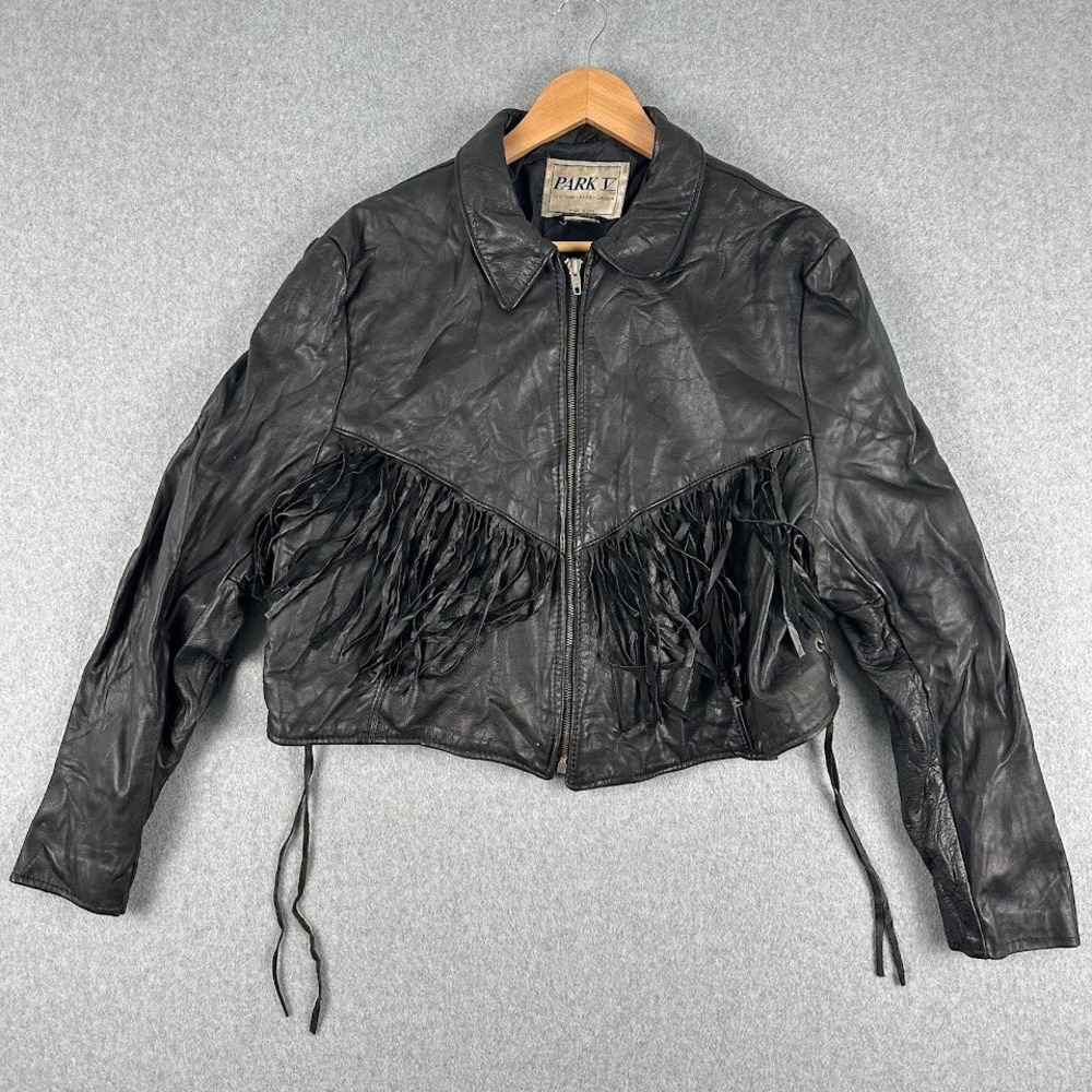 Vintage PARK V Leather Jacket Fringe Western Black Women Made in USA Biker‎ Moto